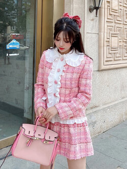 Summer Joy : พรีออเดอร์ ชุดสูทเซ็ทแฟชั่นสไตล์ญี่ปุ่น เสื้อสีชมพูลายสก็อต และ กระโปรงน่ารักๆ เข้าชุด (ราคาแยกชิ้น) งานแบรนด์