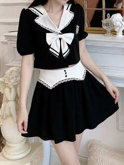 Summer Joy : พรีออเดอร์ ชุดเซ็ตสองชิ้นแฟชั่นน่ารักๆ สไตล์ญี่ปุ่น เสื้อสูทแขนตุ๊กตาครอปสั้น + กระโปรงเข้าชุด มีโบว์ให้เลือก 2 สี แบรนด์แท้