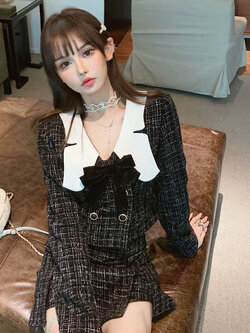 Girly Fancy Club : พรีออเดอร์ ชุดสูทแฟชั่นผ้าทวิตสีดำ เสื้อสูทแขนยาว และ กระโปรงผ่าหน้า งานแบรนด์ (ราคาแยกชิ้น)