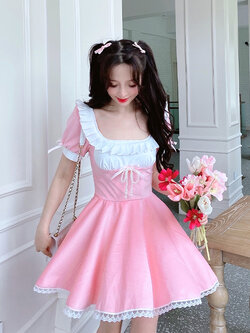 Summer Joy : พรีออเดอร์ ชุดเดรสแฟชั่นสีชมพูหวานแขนตุ๊กตาน่ารักๆ ผ้ากำมะหยี่ แบรนด์แท้