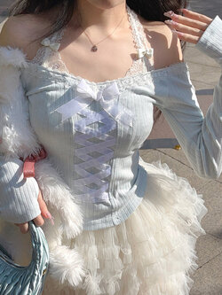 Bobon21 : พรีออเดอร์ เสื้อยืดแฟชั่นแขนยาวแต่งสายริบบิ้น แบรนด์แท้