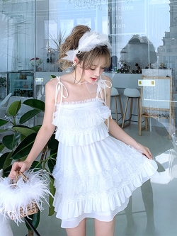 Summer Joy : พรีออเดอร์ เดรสชีฟองสายเดี่ยวผูกโบว์สีขาวแต่งผ้าระบายลูกไม้หวานๆ ตามแบบ แบรนด์แท้