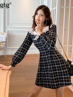 Palglg : พรีออเดอร์ เดรสแฟชั่นแขนยาวลายตารางหวานๆ สไตล์เกาหลี เนื้อโพลีเอสเตอร์ แบรนด์แท้
