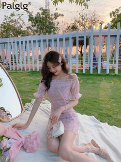 Palglg : พรีออเดอร์ เดรสแฟชั่นสไตล์เกาหลีสีชมพูลายสก็อต แขนสั้น แบรนด์แท้