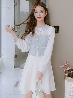 พรีออเดอร์ : เดรสชีฟองแฟชั่นสไตล์เกาหลีแขนยาวสีขาวตัดต่อผ้าสีฟ้าตามแบบ