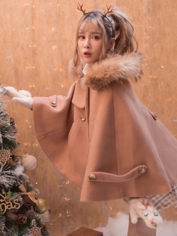 พรีออเดอร์ : เสื้อคลุมไหล่ เสื้อโค้ทสีกาแฟ แต่งปกขนเฟอร์ตามแบบ