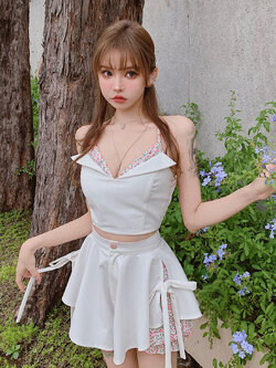 Girly Fancy Club : พรีออเดอร์ ชุดเซ็ทแฟชั่น (ราคาแยกชิ้น) เสื้อสายเดี่ยวแฟชั่นสีขาวตัดต่อลายผ้าติดซิปด้านหลัง และ กางเกงกระโปรงขาบานเข้าชุดตามแบบ แบรนด์แท้