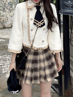 Summer Joy : พรีออเดอร์ เสื้อสูทคลุมกันหนาวแขนยาวติดกระดุมสองแถว และ กระโปรงลายสก็อต (ราคาแยกชิ้น)