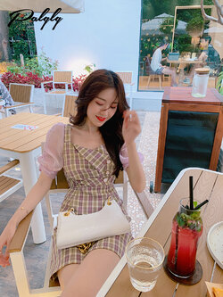 Palglg : พรีออเดอร์เดรสแฟชั่นลายสก็อตสีม่วง แต่งช่วงแขนแบบเก๋ๆ งานแบรนด์