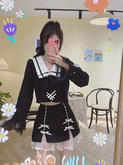 Summer Joy : พรีออเดอร์ เสื้อฤดูหนาวเนื้อผ้าขนแฟชั่นสไตล์ญี่ปุ่นแขนยาวแต่งริบบิ้น และ กระโปรงสั้นเข้าชุด (ราคาแยกชิ้น)