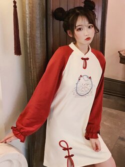 พรีออเดอร์ : เดรสแฟชั่นทรงปล่อยสไตล์จีน แขนยาว มีให้เลือก 2 แบบ แบบซับผ้าขนกำมะหยี่ และ แบบธรรมดา