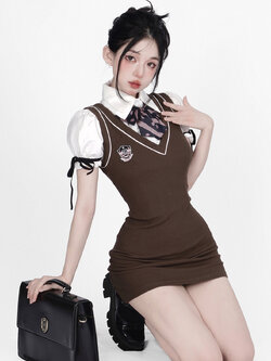 Shaoyeyan : พรีออเดอร์ ชุดเซ็ตแฟชั่น (ราคาแยกชิ้น) เดรสเข้ารูปสีน้ำตาล + ตอซอง / เสื้อเชิ้ตขาว แขนยาว-สั้น แบรนด์แท้