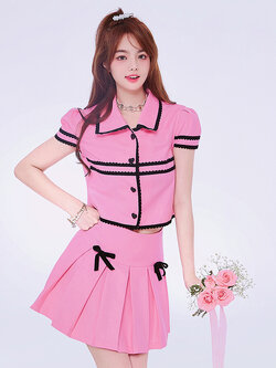 Girly Fancy Club : พรีออเดอร์ ชุดเซ็ทแฟชั่นสไตล์ญี่ปุ่น เสื้อแขนสั้นครอปสั้น แล กระโปรงจีบรอบ (ราคาแยกชิ้น) แบรนด์แท้