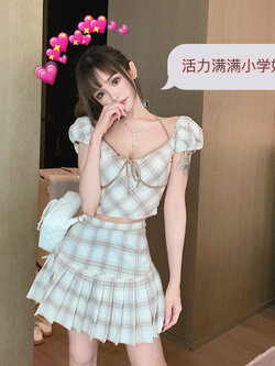 Girly Fancy Club : พรีออเดอร์ ชุดเซ็ทแฟชั่นสไตล์ญี่ปุ่นน่ารักๆ เสื้อครอปสั้นแขนตุ๊กตา + กระโปรงจีบเข้าชุด