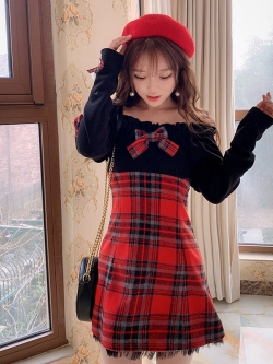 พรีออเดอร์ : เดรสแฟชั่นสไตล์ญี่ปุ่นเกาหลีแบบสวยหวานน่ารักๆ สีดำตัดแดงลายสก็อต
