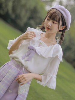 SNBL Girl : เสื้อชีฟองแฟชั่นสไตล์ญี่ปุ่นสีขาว แต่งกระดุมจีนตามแบบ + โบว์น่ารักๆ เข้าชุด แบรนด์แท้