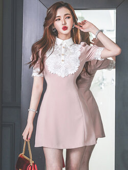 พรีออเดอร์ : เดรสสั้นแฟชั่นสไตล์เกาหลีแต่งลูกไม้แขนตุ๊กตาหวานๆ