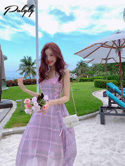 Palglg : พรีออเดอร์เดรสแฟชั่นลายสก็อตสีชมพูม่วง แขนกุด งานแบรนด์