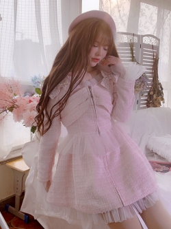 พรีออเดอร์ : เดรสแฟชั่นสไตล์ญี่ปุ่นสีชมพูแขนยาว เนื้อผ้าหนา แต่งสายขนเฟอร์น่ารักๆ ติดซิปด้านหน้า