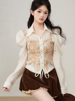 Acaine : พรีออเดอร์ ชุดเซ็ท (ราคาแยกชิ้น) เสื้อเชิ้ตแฟชั่นแขนยาว / เสื้อคอร์เซ็ทการ์ซีเนีย / กางเกงขาสั้นกำมะหยี่มอคค่า แบรนด์แท้