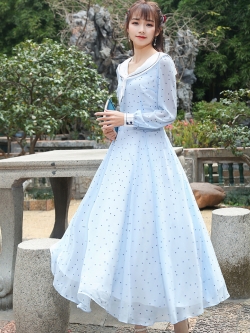 พรีออเดอร์ : เดรสยาวสีฟ้าลายจุดปกกะลาสีสไตล์หวาน แขนยาว