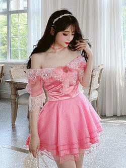 Summer Joy : พรีออเดอร์ เดรสสั้นแฟชั่นสไตล์หวานสีชมพู ใส่ได้ทั้งแบบเปิดไหล่ และ แบบปกคอวี ด้านหลังสม็อค แบรนด์แท้