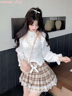 Summer Joy : พรีออเดอร์ เสื้อเชิ้ตแฟชั่นแขนยาวสีขาวเปิดไหล่คล้องคอ แบรนด์แท้