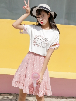 กระโปรงแฟชั่นสไตล์ญี่ปุ่นลายจุดสีชมพู ขอบเอวยางยืด ใส่เที่ยวสบายๆ น่ารักๆ