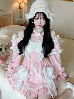 Summer Joy : พรีออเดอร์ เดรสชีฟองแขนยาวแต่งสายไขว้และลูกไม้หวานๆ มีให้เลือก 2สี แบรนด์แท้