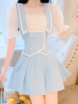 พรีออเดอร์ : ชุดเซ็ทแฟชั่นนำเข้า 2ชิ้น เสื้อแขนสั้นแต่งปกกะลาสีด้านหลัง + กระโปรงมีกางเกงซับในเข้าชุด มีให้เลือก 3สี