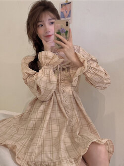 พรีออเดอร์ : เดรสแฟชั่นสไตล์ญี่ปุ่นลายสก็อต แขนยาว คอกว้าง