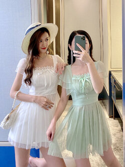 พรีออเดอร์ : ชุดเซ็ต 2 ชิ้น เสื้อแฟชั่นแต่งผ้ามุ้งจับจีบระบาย + กางเกงขาสั้นเข้าชุด มีให้เลือก 3 สี