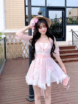 Summer Joy : พรีออเดอร์ เดรสชีฟองแฟชั่นสไตล์เกาหลีญี่ปุ่นน่ารักๆ ประดับโบว์ (สินค้าไม่รวมสายรัดเอวผูกโบว์ใหญ่ด้านหลัง) แบรนด์แท้