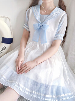 พรีออเดอร์ : เดรสแฟชั่นสไตล์ญี่ปุ่นแขนสั้นสีขาวตัดฟ้าแต่งปกกะลาสี