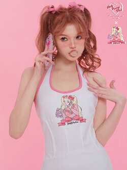 Girly Fancy Club : พรีออเดอร์ เดรสสีขาวเข้ารูป มีสายคล้องคอ มีพิมพ์ลายน่ารักๆ แบรนด์แท้