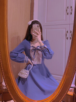 พรีออเดอร์ : เดรสยาวแฟชั่นสไตล์หวาน สีน้ำเงินแขนยาว