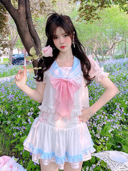 Summer Joy : พรีออเดอร์ ชุดเซ็ทแฟชั่นสไตล์เกาหลีญี่ปุ่น (ราคาแยกชิ้น) เสื้อปกปะลาสีแต่งหูกระต่ายด้านหลังน่ารักๆ (สินค้าไม่รวมโบว์คอซองสีชมพู) และ กระโปรงสั้นมินิ มีให้เลือก 2สี แบรนด์แท้