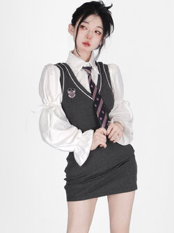 Shaoyeyan : พรีออเดอร์ ชุดเซ็ตแฟชั่น (ราคาแยกชิ้น) เดรสเข้ารูปสีเทา + เนคไท / เสื้อเชิ้ตขาว แขนยาว-สั้น แบรนด์แท้