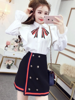 พรีออเดอร์ : เสื้อเชิ๊ตแฟชั่นสไตล์เกาหลีแขนยาวสีขาวพิมพ์ลายโบว์ตามแบบ