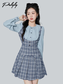 Palglg : พรีออเดอร์ เดรสแฟชั่นสไตล์เกาหลี ช่วงบนเชิ้ตแขนยาวแต่งเอี๊ยมปลอม แบรนด์แท้