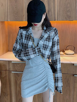 พรีออเดอร์ : เสื้อคลุมลายสก็อต ครอปสั้น แขนยาว และ ชุดเดรสสายเดี่ยวเข้ารูป ( ราคาแยกชิ้นค่ะ )