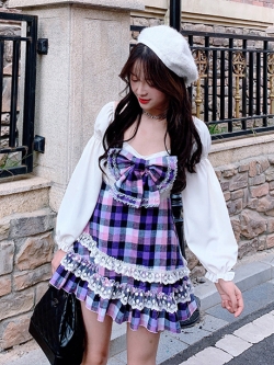 Summer Joy : ชุดเดรสแฟชั่นสไตล์ญี่ปุ่นลายสก็อตสีม่วงชมพู (สีหายาก) ช่วงบนแต่งเสื้อเชิ๊ตสีขาวประดับโบว์ตามแบบ แบรนด์แท้