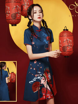 พรีออเดอร์ : ชุดกี่เพ้า ชุดตรุษจีน ชุดจีน เดรสสั้นรุ่นพิมพ์ลาย สีน้ำเงิน