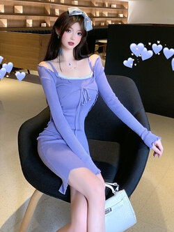 พรีออเดอร์ : เดรสสายเดี่ยวยาวเหนือเข่า สไตล์เกาหลี ผ้ายืดเข้ารูป + เสื้อคลุมแขนยาว มีให้เลือก 3 สี