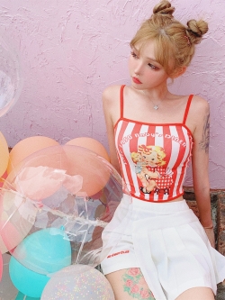 Girly Fancy Club : เสื้อสายเดี่ยวลายทางยาวพิมพ์ลายน่ารักๆ ตามแบบ งานแบรนด์