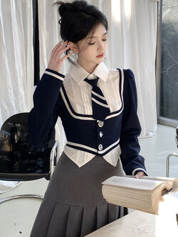 Acaine : พรีออเดอร์ เชิ้ตสเวตเตอร์แขนยาวสีขาวตัดน้ำเงินสไตล์วิทยาลัย + เนคไทเข้าชุด แบรนด์แท้