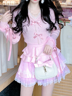 Summer Joy : พรีออเดอร์ เสื้อลูกไม้ถักเสื้อสเวตเตอร์ยืดแขนยาวน่ารักๆ ประดับริบบิ้น แบรนด์แท้