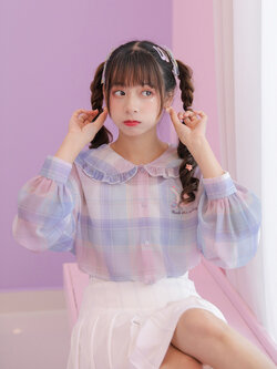 SNBL Girl : พรีออเดอร์ เสื้อเชิ้ตแฟชั่นแขนยาวลายสก็อตโทนสีพาสเทลแต่ปกกะลาสี แบรนด์แท้