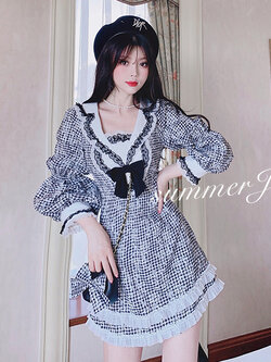 Summer Joy : พรีออเดอร์ เดรสแฟชั่นสไตล์ญี่ปุ่นน่ารักๆ สีดำลายตาราง งานแบรนด์