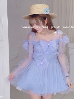 Summer Joy : พรีออเดอร์ เดรสนางฟ้าเปิดไหล่สไตล์หวาน แขนยาวสีม่วง แบรนด์แท้
